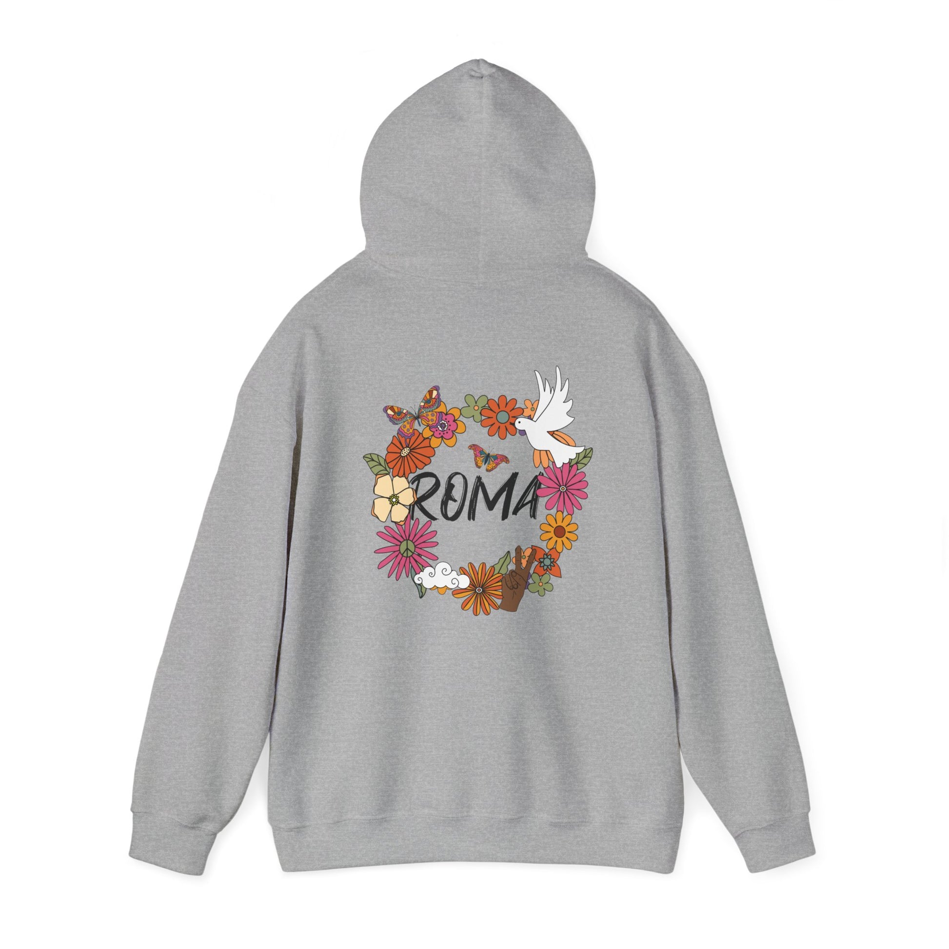 Hoodie presenting an elegant floral loop encircling a dove, with “ROMA” text prominently displayed inside the circle.