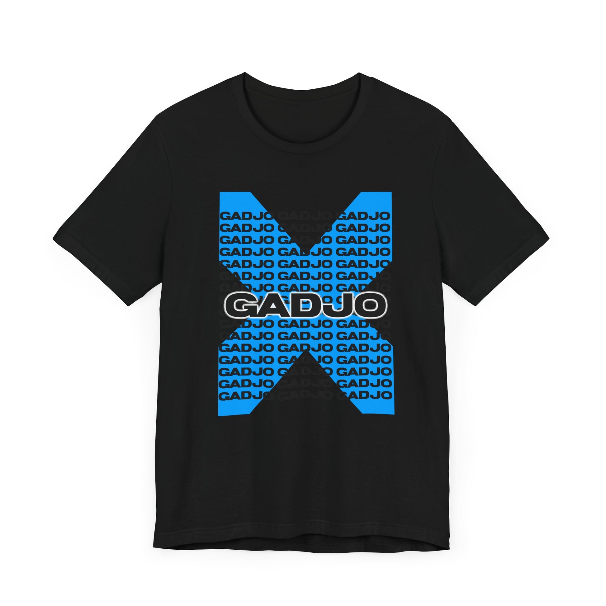 T-shirt with GADJO typography shaped in a circular layout, forming a design centerpiece.