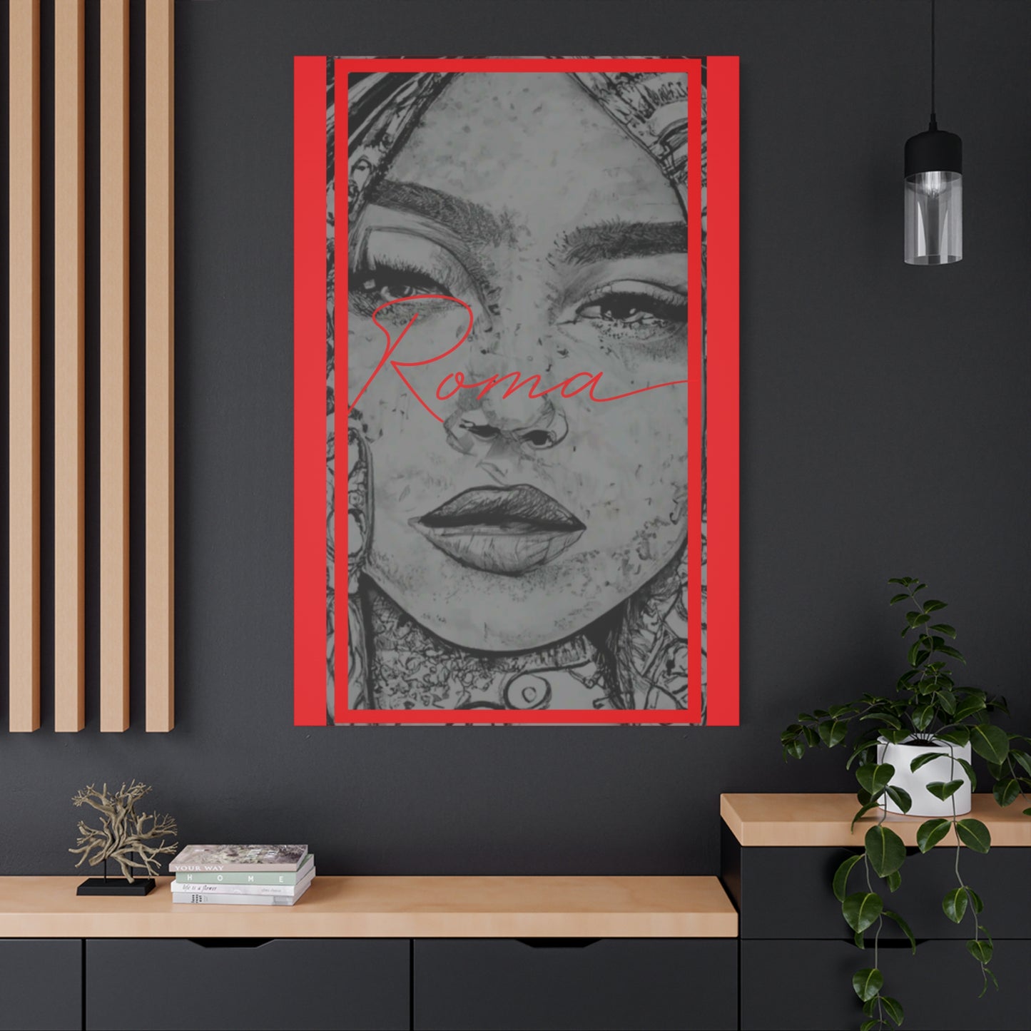 Artistic wall canvas capturing a close-up of a girl’s emotional gaze with ROMA text.