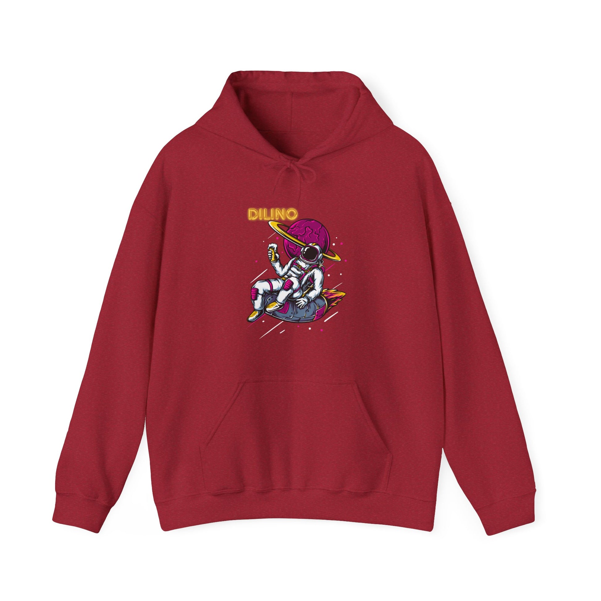 Streetwear hoodie featuring floating astronaut art, moon glowing with silver hues, and “DILINO” in handwritten-style script.