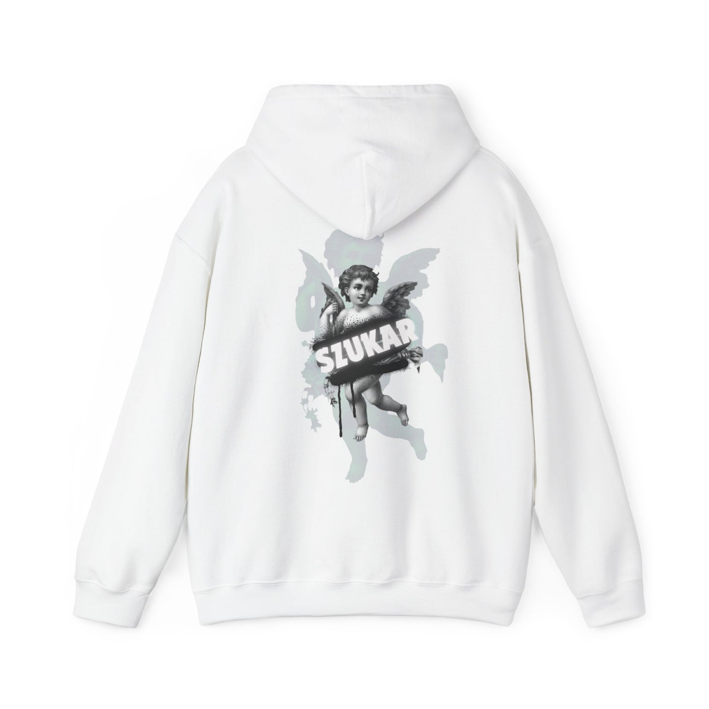 Detailed hoodie with an angel holding a sword and the brand ‘SZUKAR’ stamped in rugged typeface.