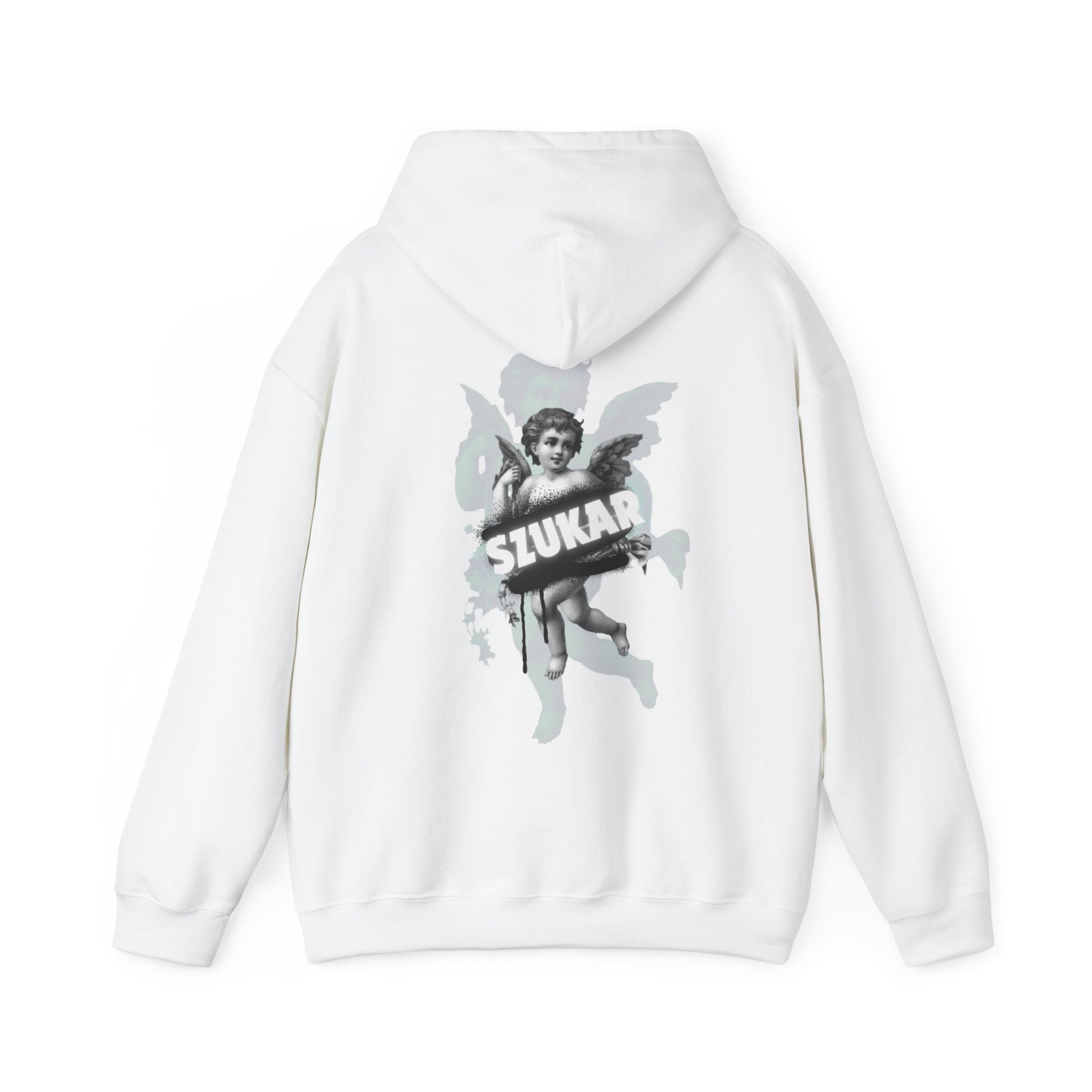 Detailed hoodie with an angel holding a sword and the brand ‘SZUKAR’ stamped in rugged typeface.