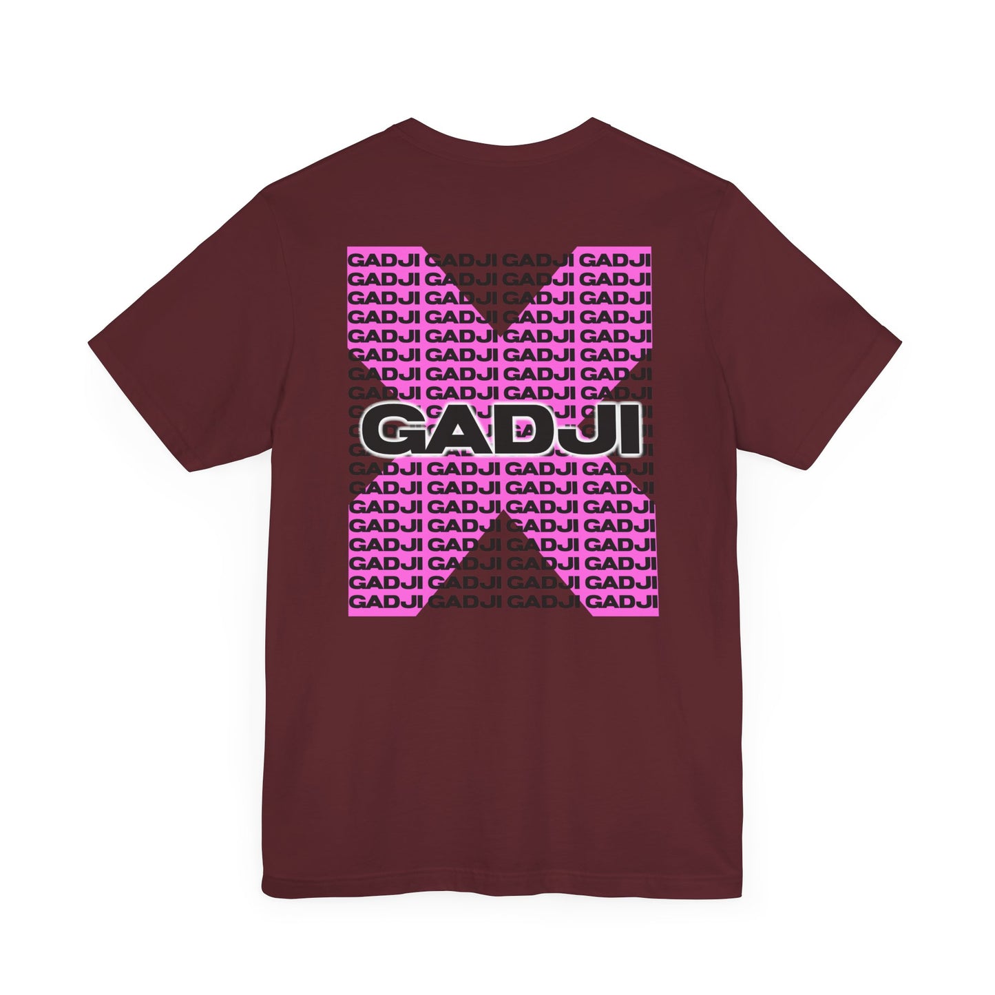 Dark green short sleeve tee with GADJI text shaped like Roman chisel carvings.