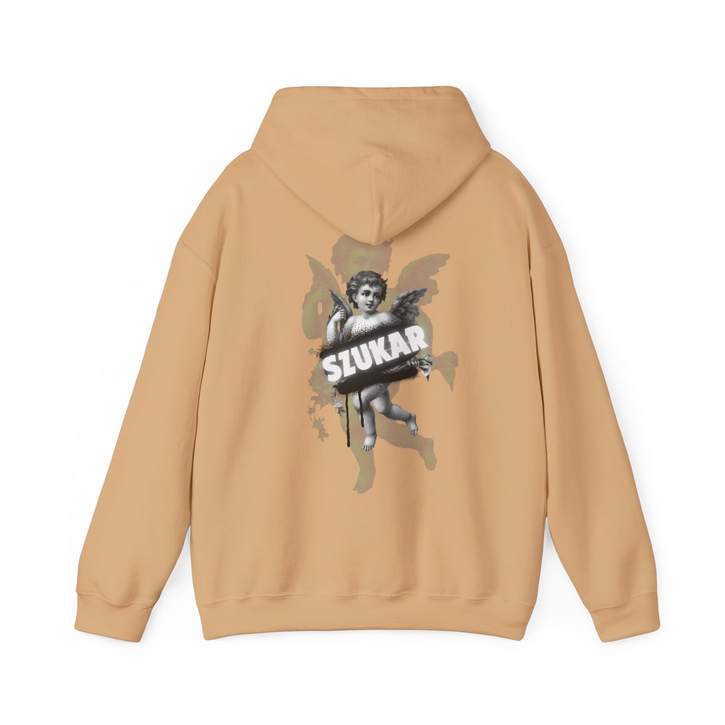 Cozy hoodie with an intricate angel illustration and bold SZUKAR branding across the chest.