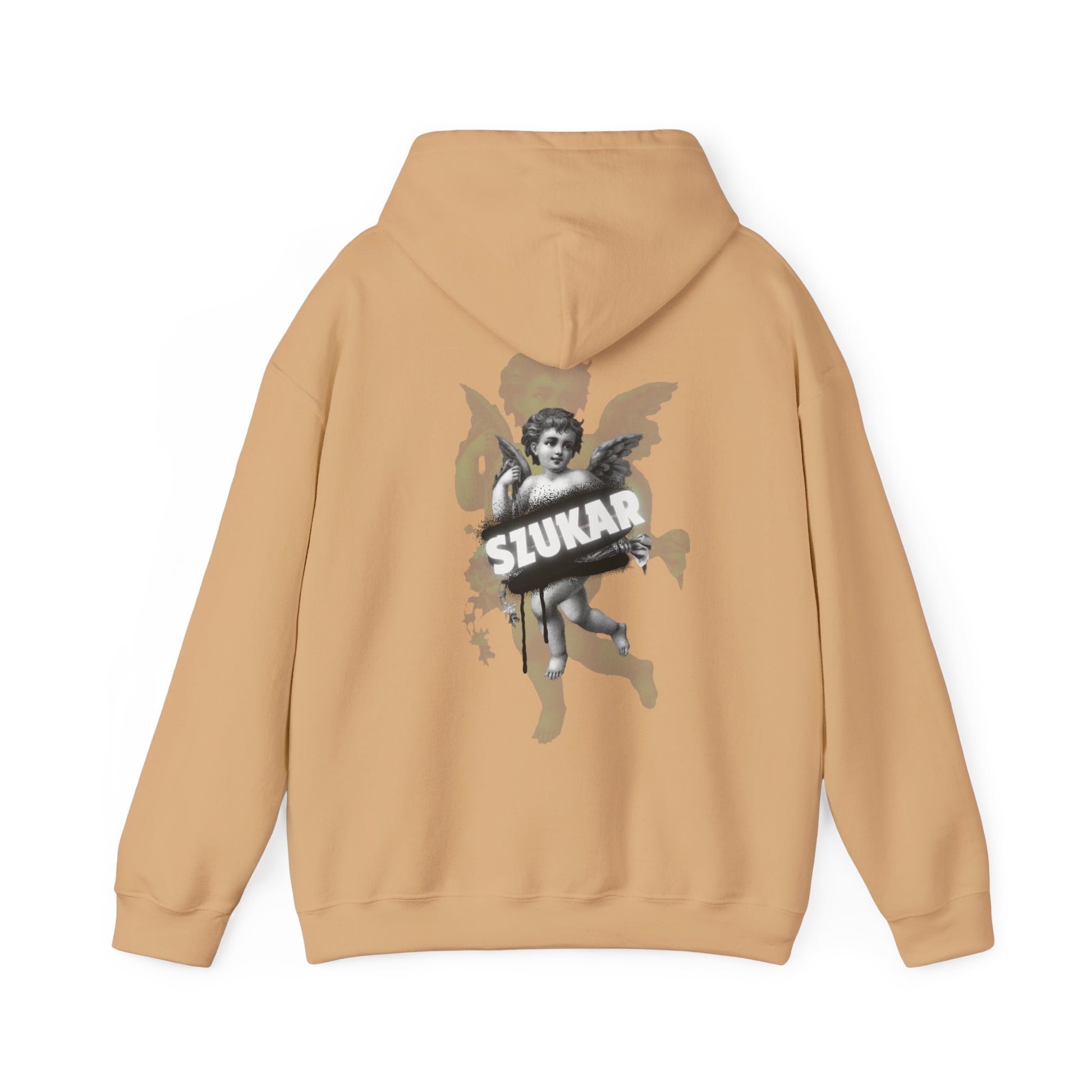 Cozy hoodie with an intricate angel illustration and bold SZUKAR branding across the chest.