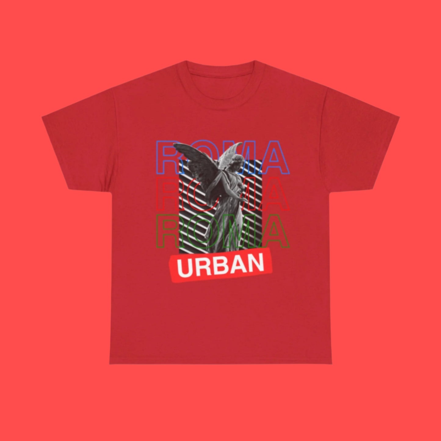 Front view of T-shirt with angel statue sketch and layered “ROMA” text above “urban” caption.

