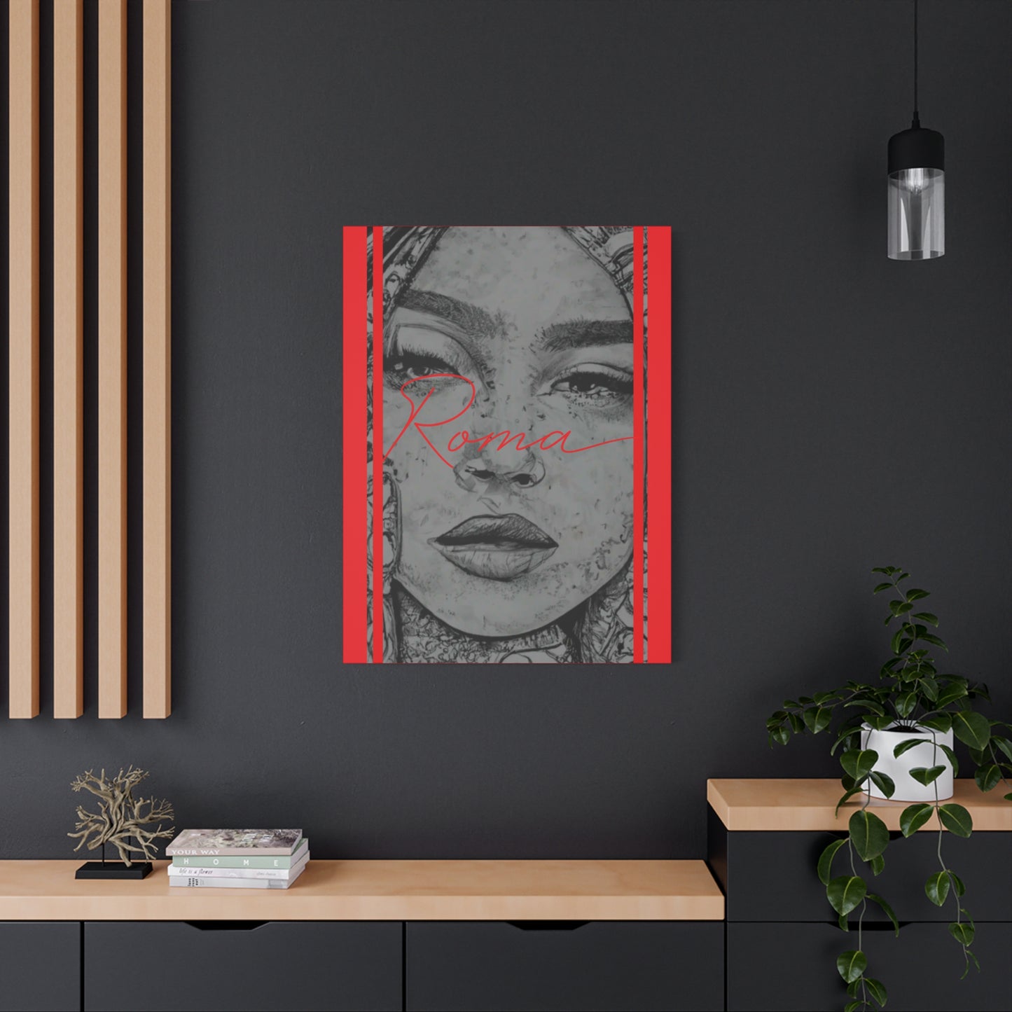 Portrait-style canvas featuring a close-up of a girl's emotional expression and dramatic ROMA text.