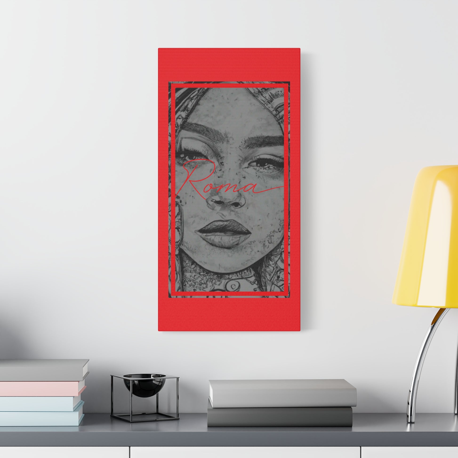 Art canvas displaying the close-up sadness of a young girl’s face beneath the quiet power of the word ROMA.