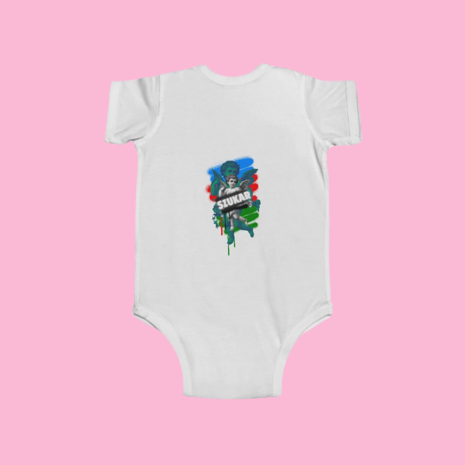 Szukar Roma infant fine jersey bodysuit in soft pink with delicate Roma text and angel design.
