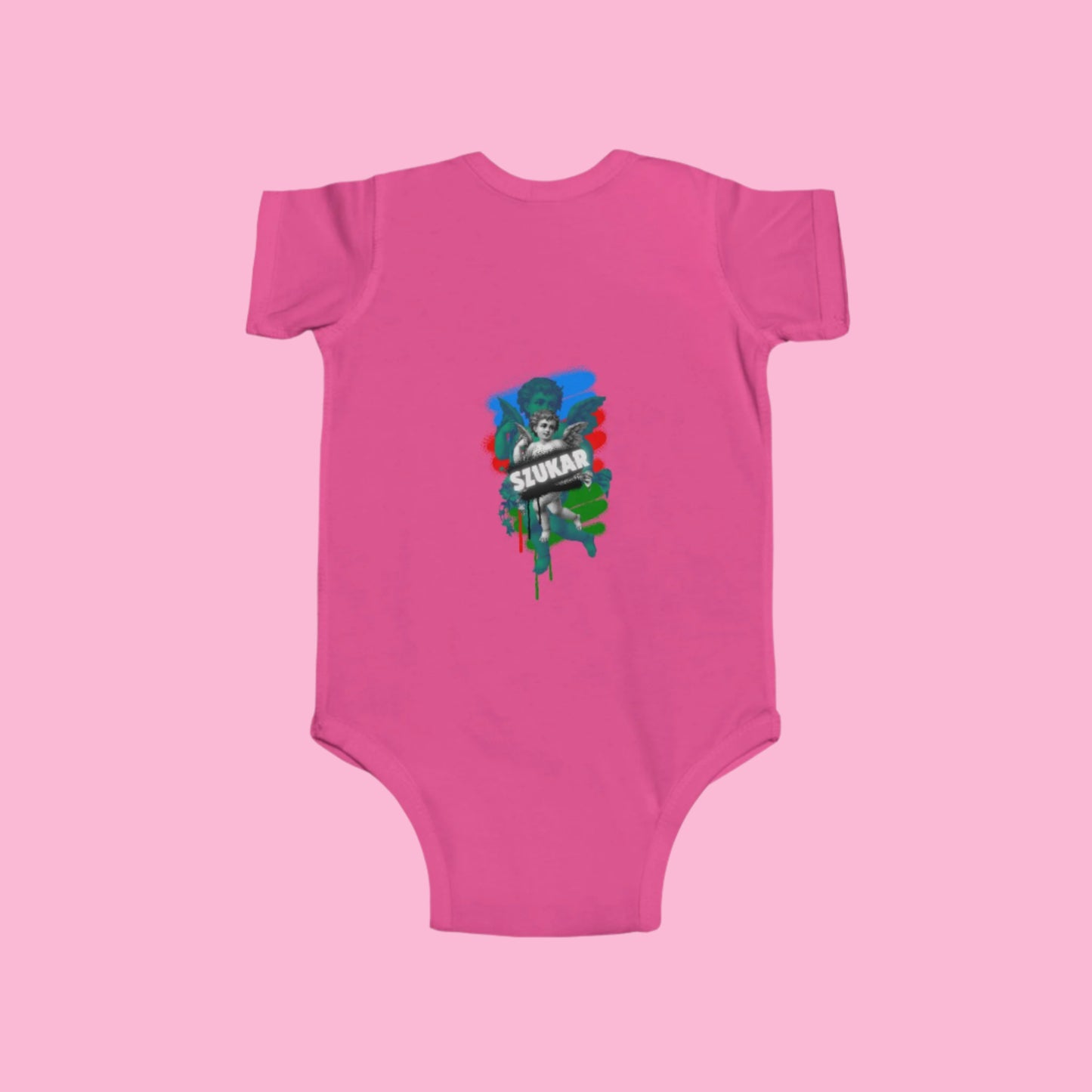 Baby pink Szukar Roma bodysuit made from fine jersey fabric, decorated with elegant Roma text.