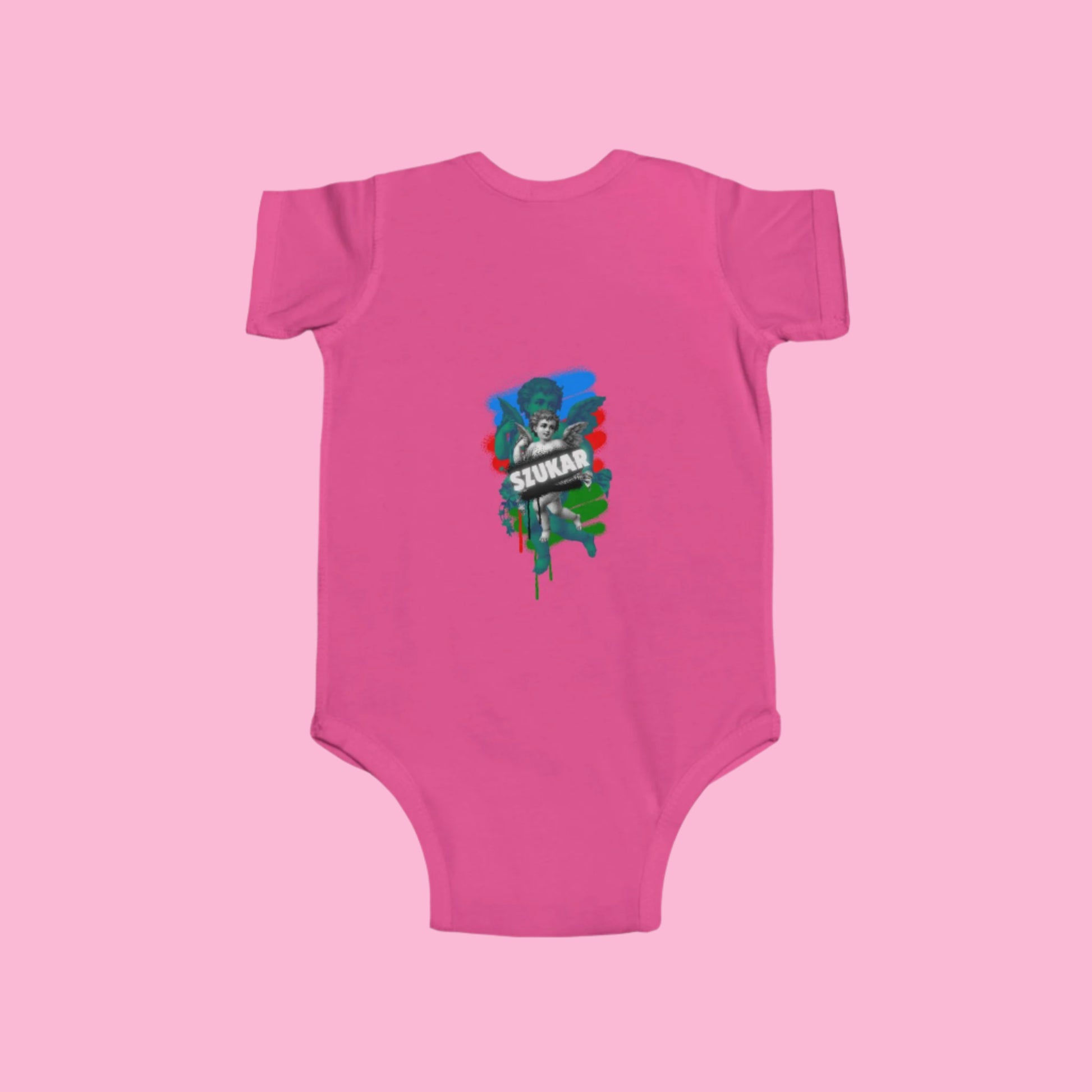 Baby pink Szukar Roma bodysuit made from fine jersey fabric, decorated with elegant Roma text.