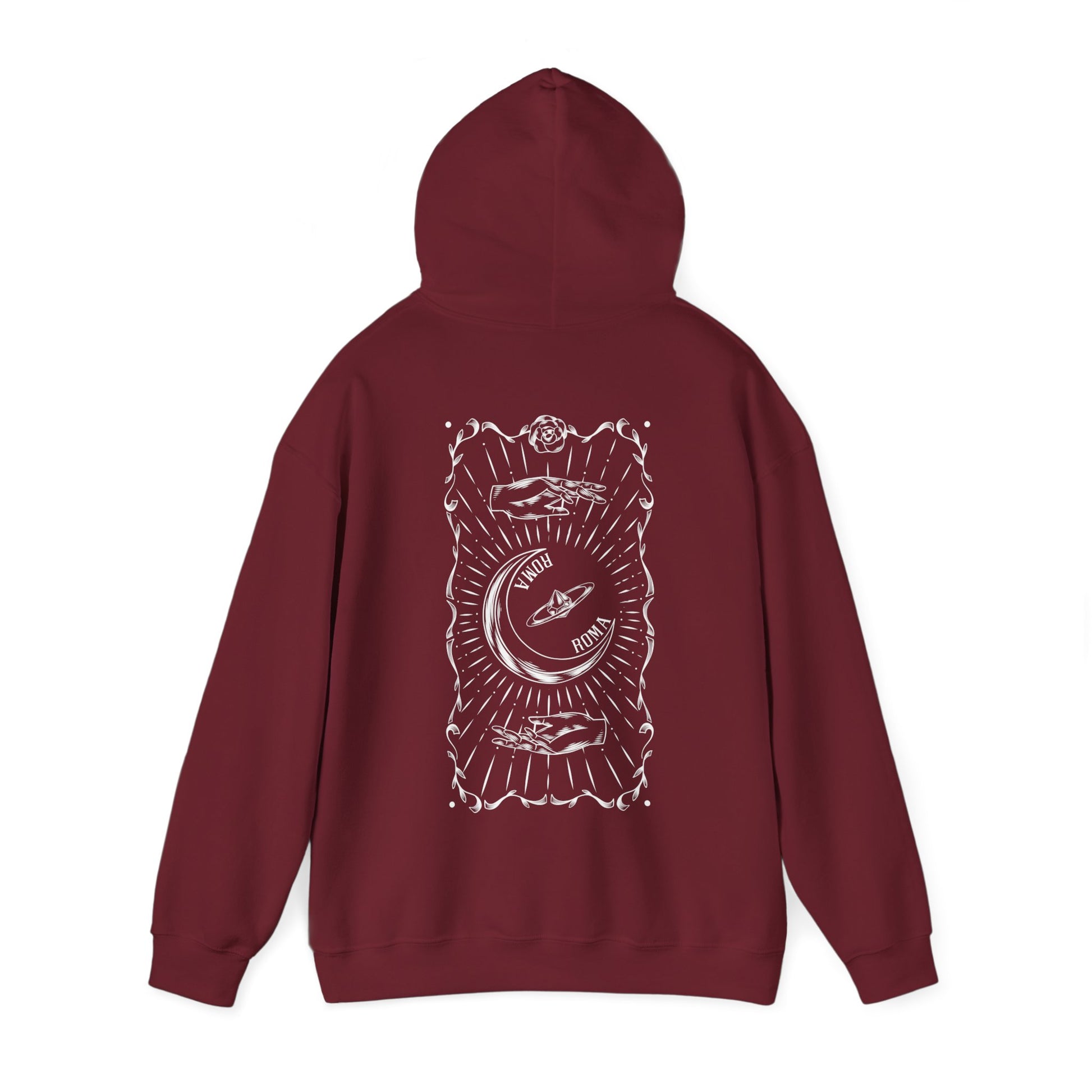 Comfortable red hoodie showcasing minimal half-moon graphic and modern ROMA font.