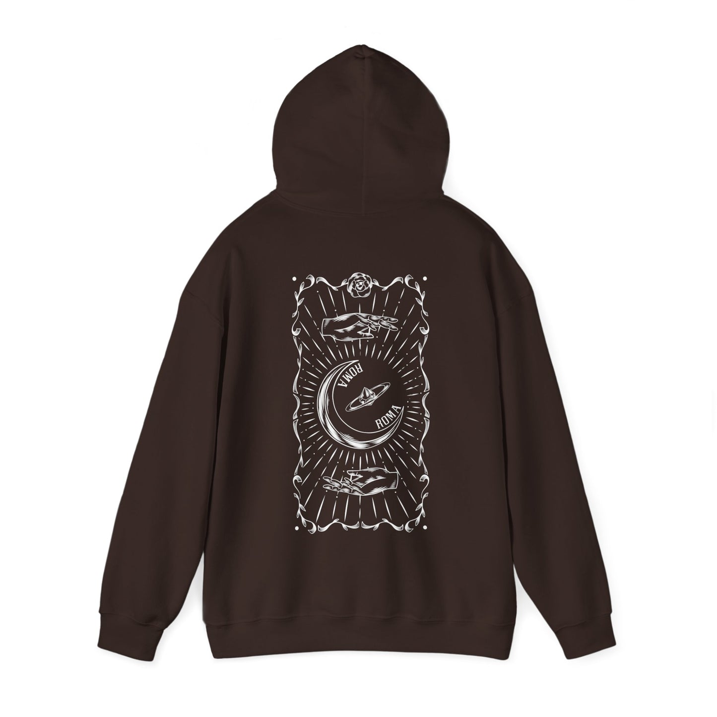 Urban style black hoodie with bold HAlf moon ek hoodie featuring angel design and ZORAL ROMA statement lettering
