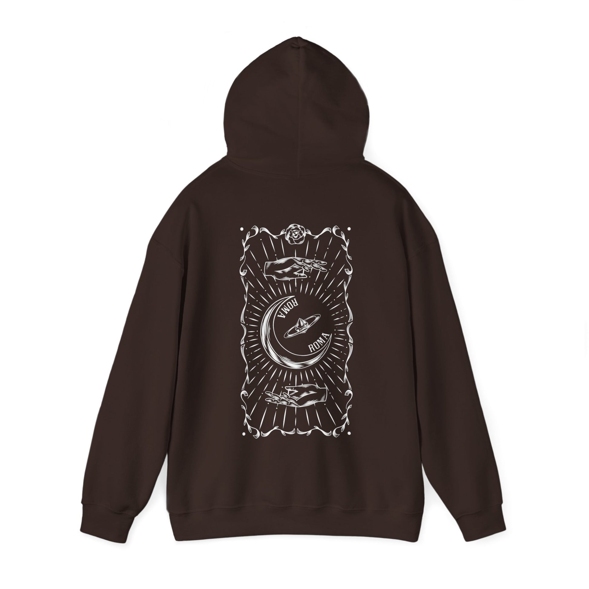 Urban style black hoodie with bold HAlf moon ek hoodie featuring angel design and ZORAL ROMA statement lettering