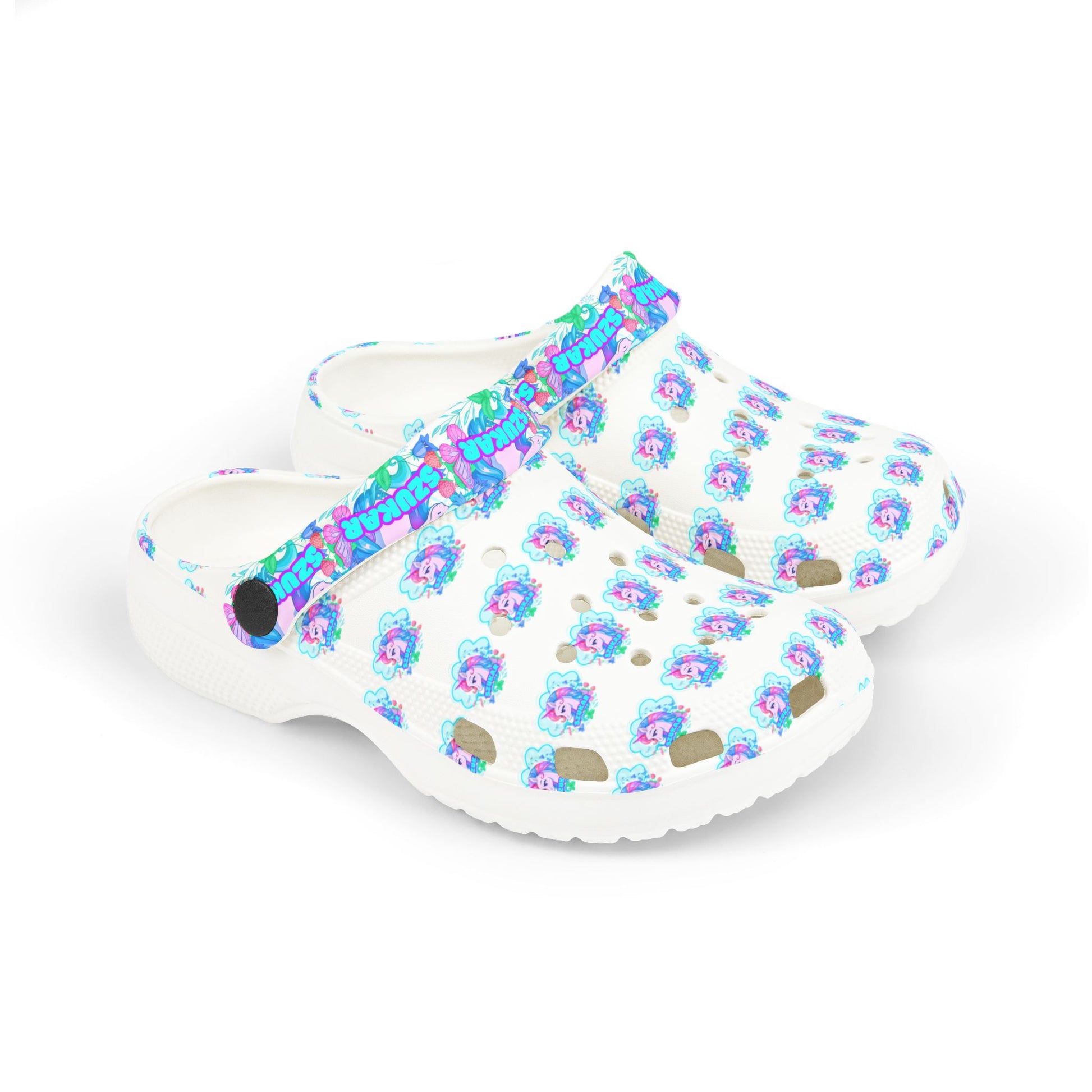 Eye-catching Crocs covered in cheerful unicorn designs and rainbow hues.