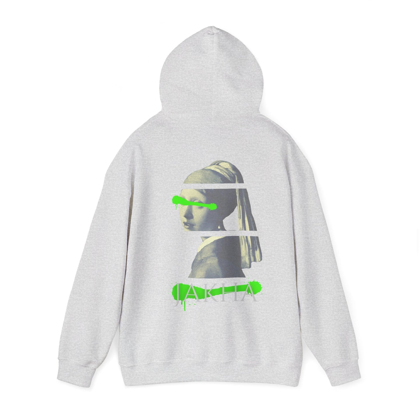 Gray hoodie with a graphic design on the back against a white background
