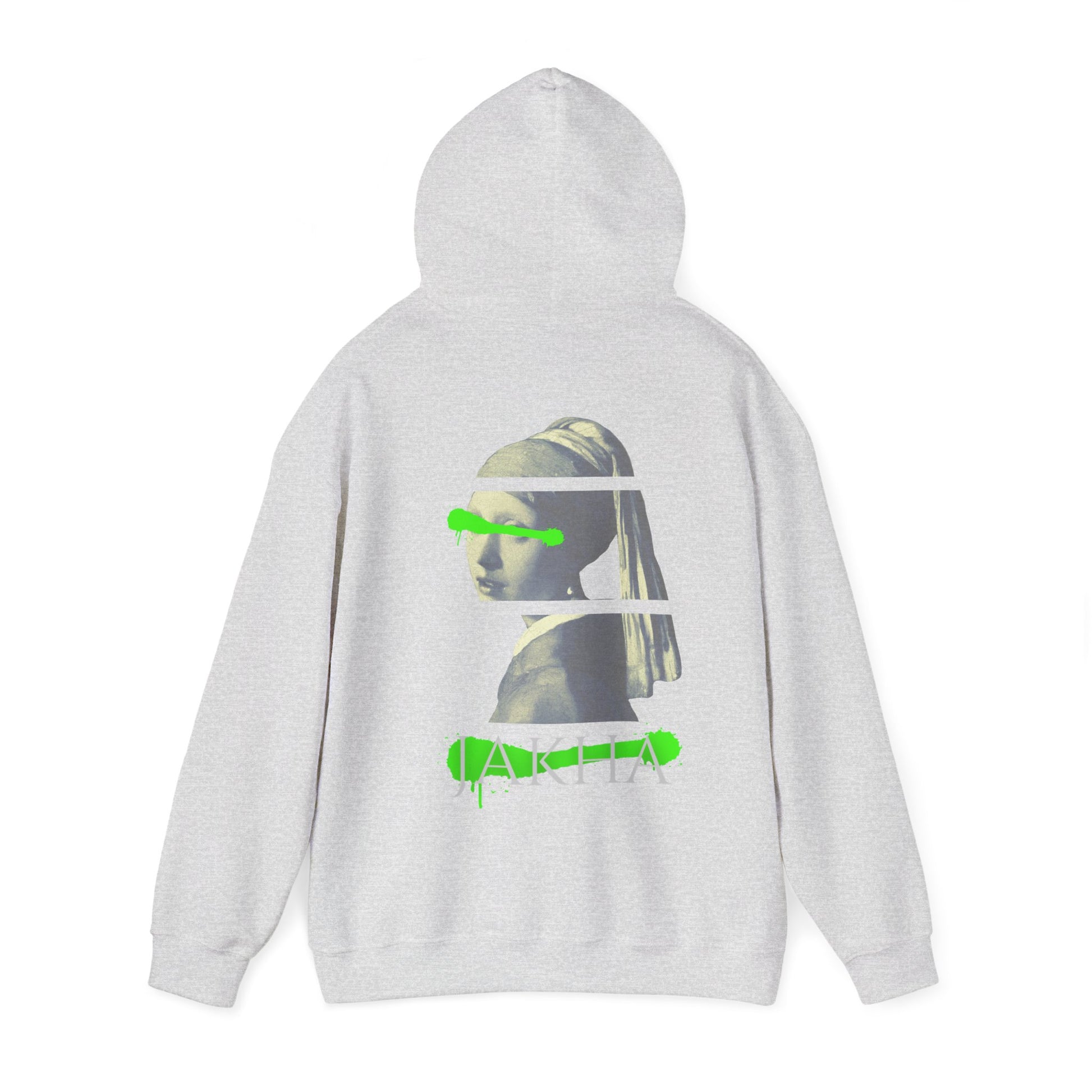 Gray hoodie with a graphic design on the back against a white background