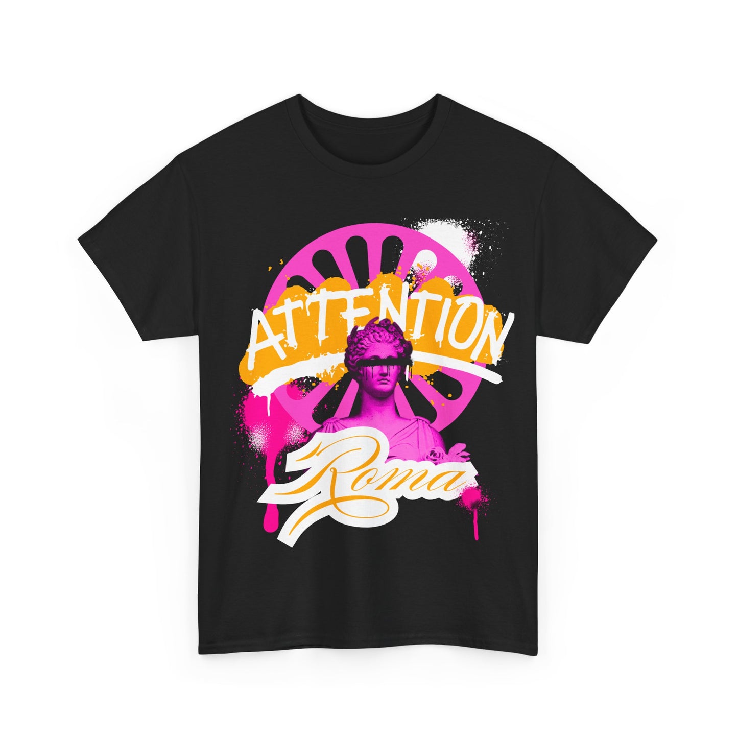 Short sleeve t-shirt with detailed Roma statue graphic, bold 'ATTENTION' text behind, and 'Roma' written below.
