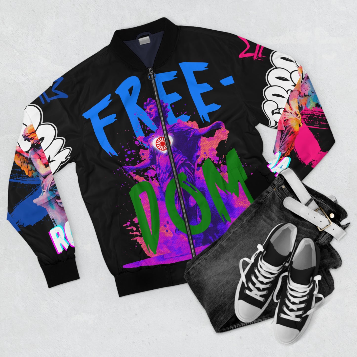 Full-print hoodie covered in vintage-style Roma statues, with FREEDOM boldly integrated and ZORALE wrapping around the sleeves.
