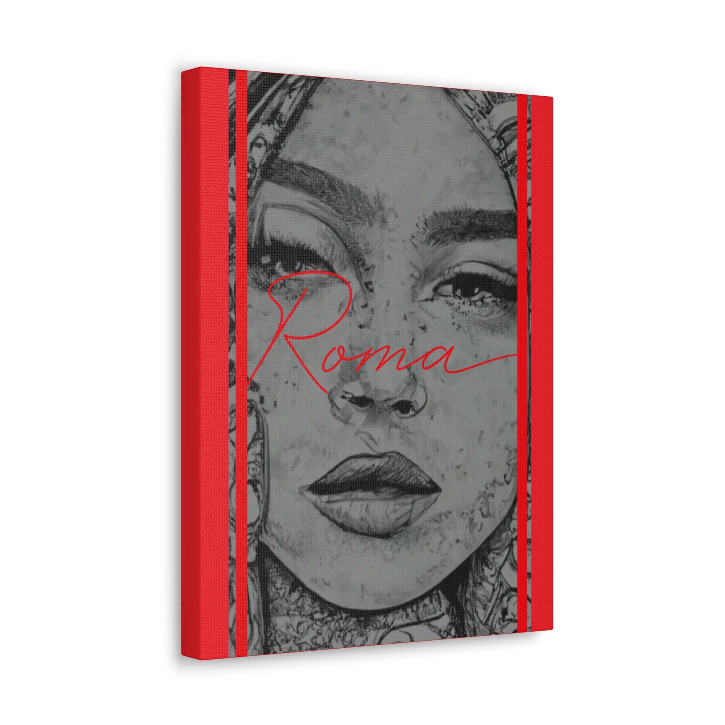 Portrait canvas showing a vulnerable girl mid-expression, framed by abstract textures and a bold ROMA inscription.