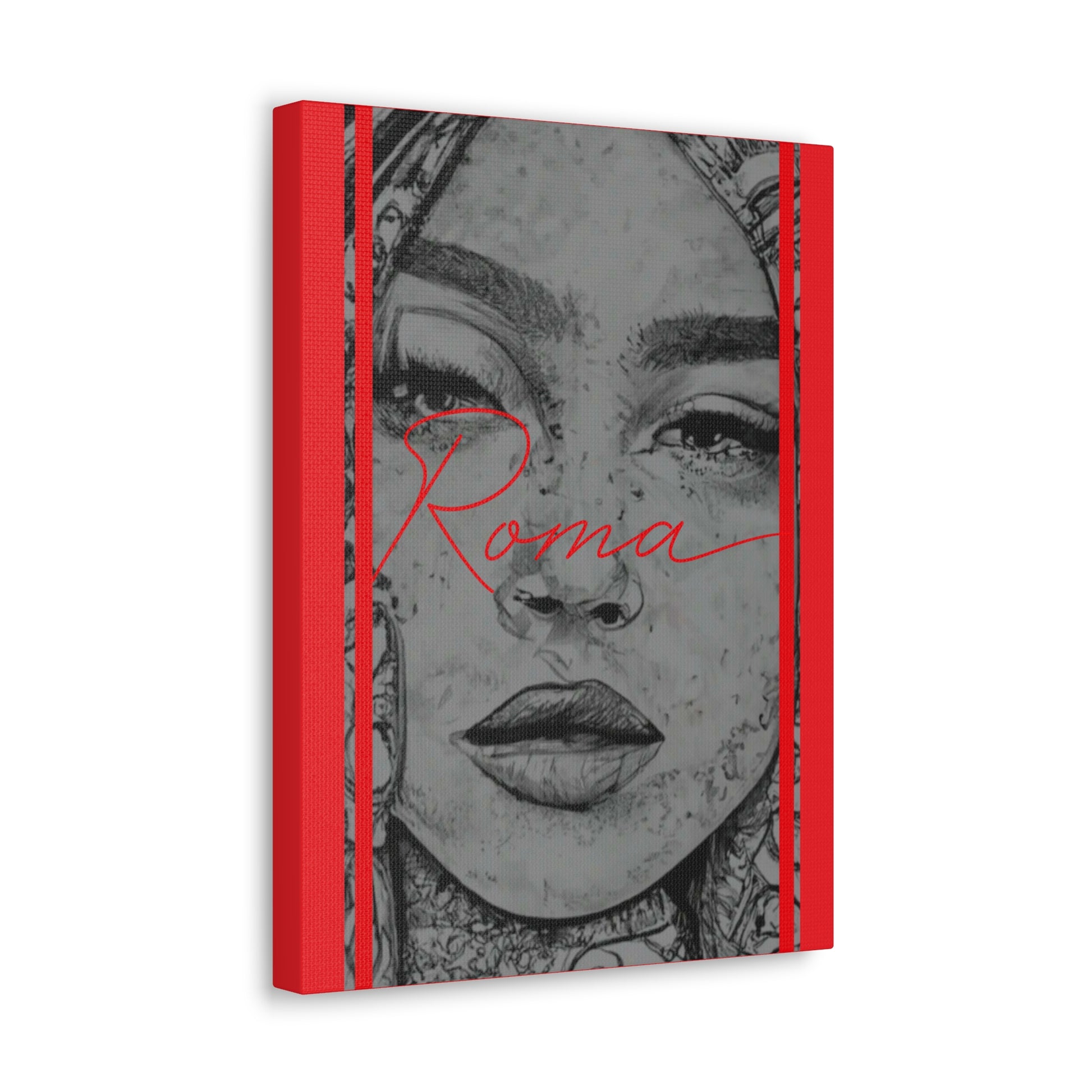 Portrait canvas showing a vulnerable girl mid-expression, framed by abstract textures and a bold ROMA inscription.
