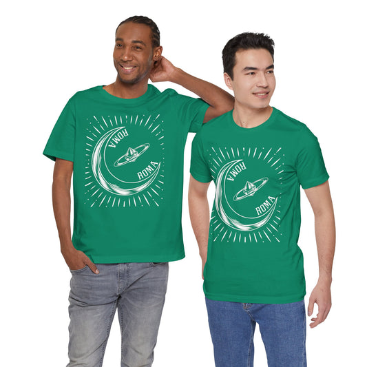 Cultural-inspired tee with rising ROMA text and graphic nod to moon and myth.