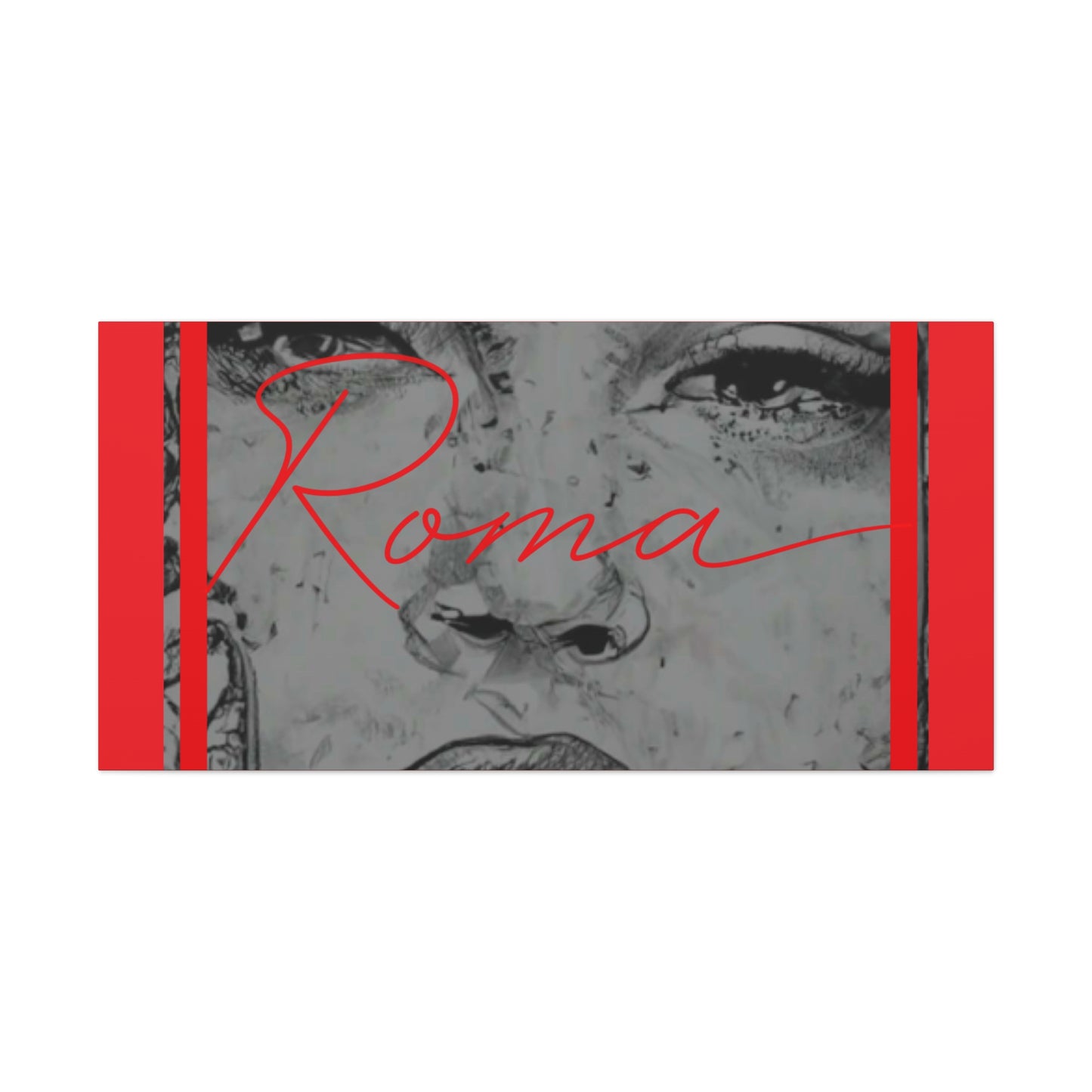 Muted-toned canvas of a girl caught in a reflective moment, with softly glowing ROMA letters radiating calm and dignity.