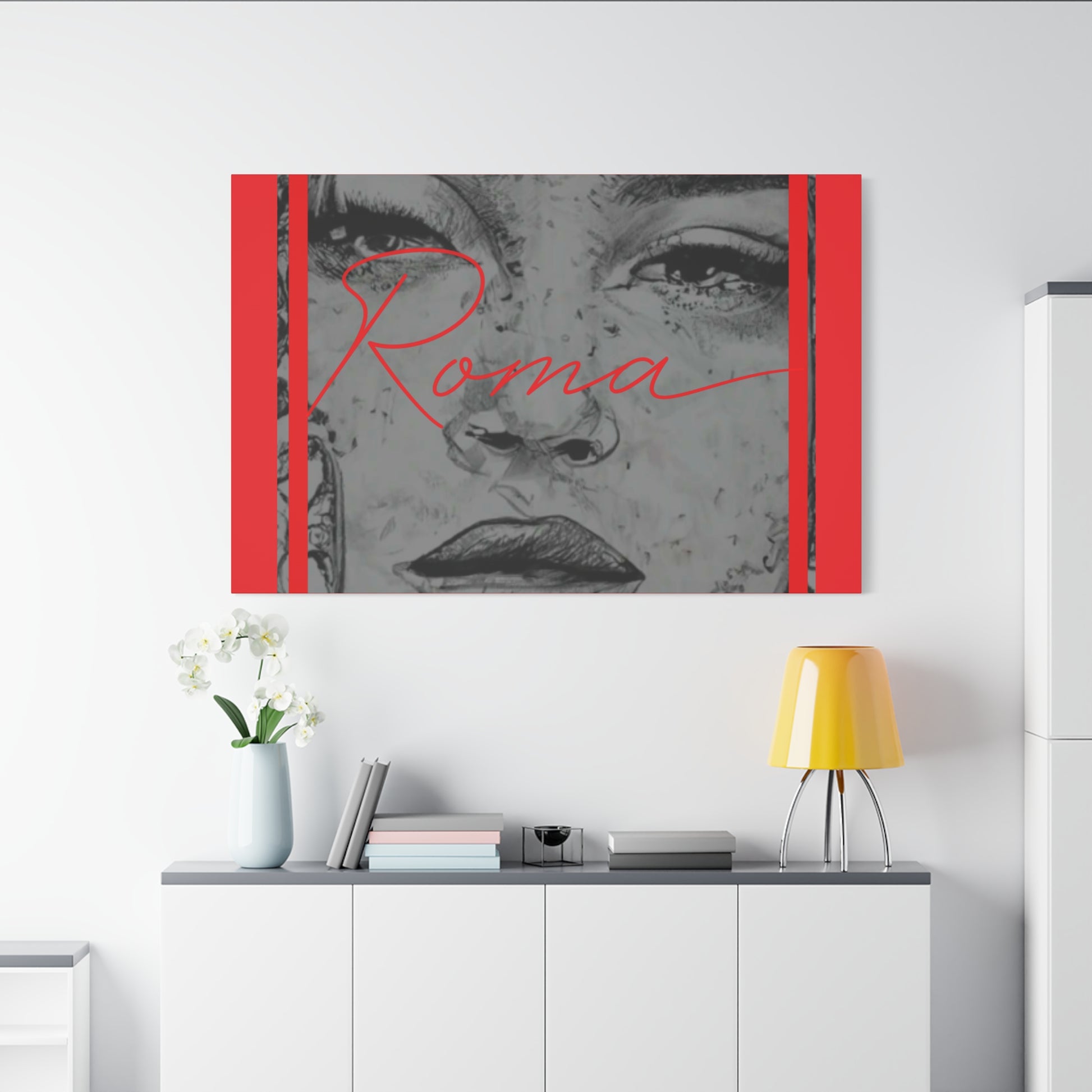 Emotional wall canvas showing a girl's teary eyes and the word ‘ROMA’ in striking typography.
