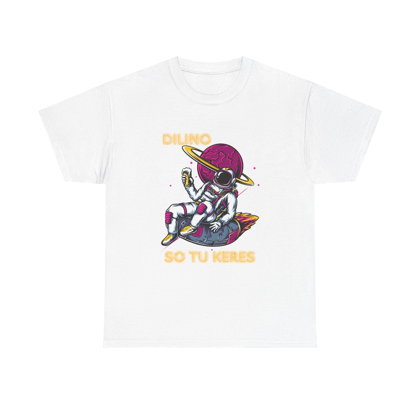 Minimalist short sleeve shirt with ‘DILINO’, nastrabnout graphic, and ‘SO TU KERES’ slogan.