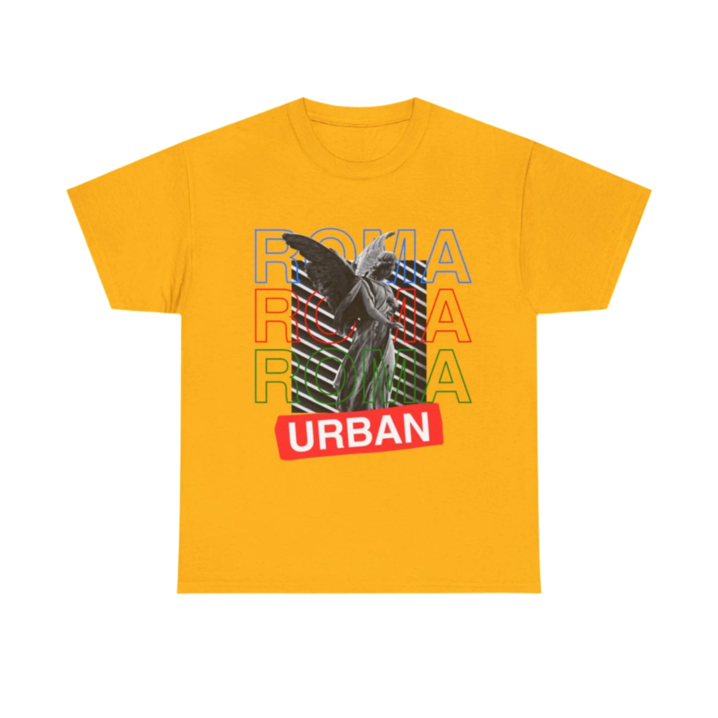 Streetwear tee with hand-drawn angel figure, overlayed “ROMA” text, and minimalist “urban” wordmark.

