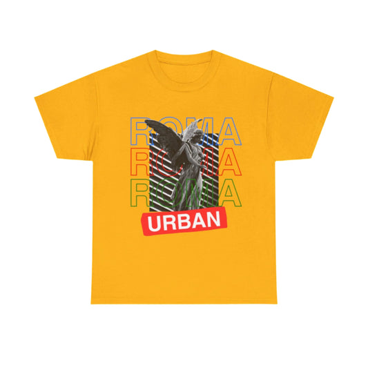 Streetwear tee with hand-drawn angel figure, overlayed “ROMA” text, and minimalist “urban” wordmark.

