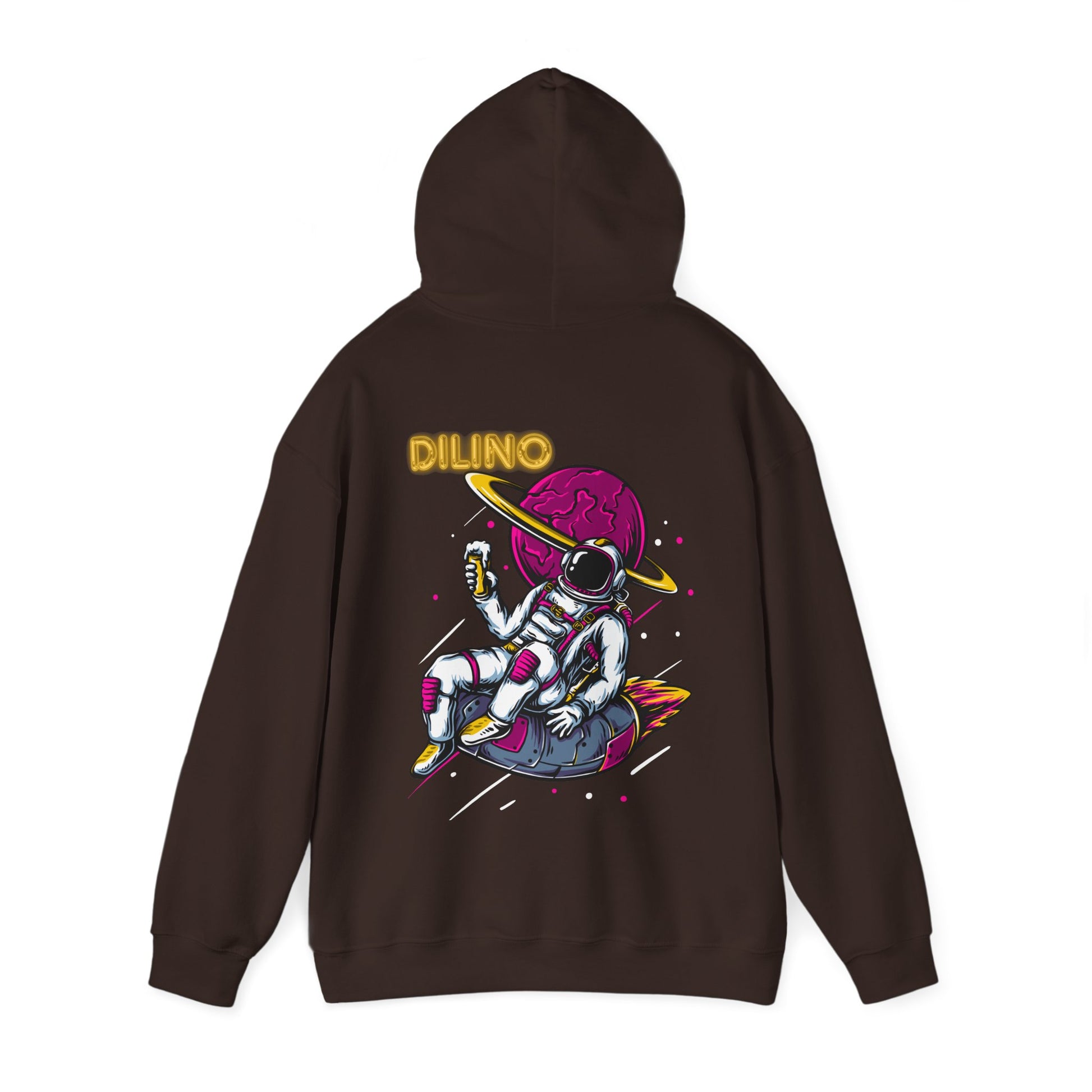 Urban streetwear-style hoodie with a floating astronaut under a hazy moon and graffiti-style “DILINO” lettering.

