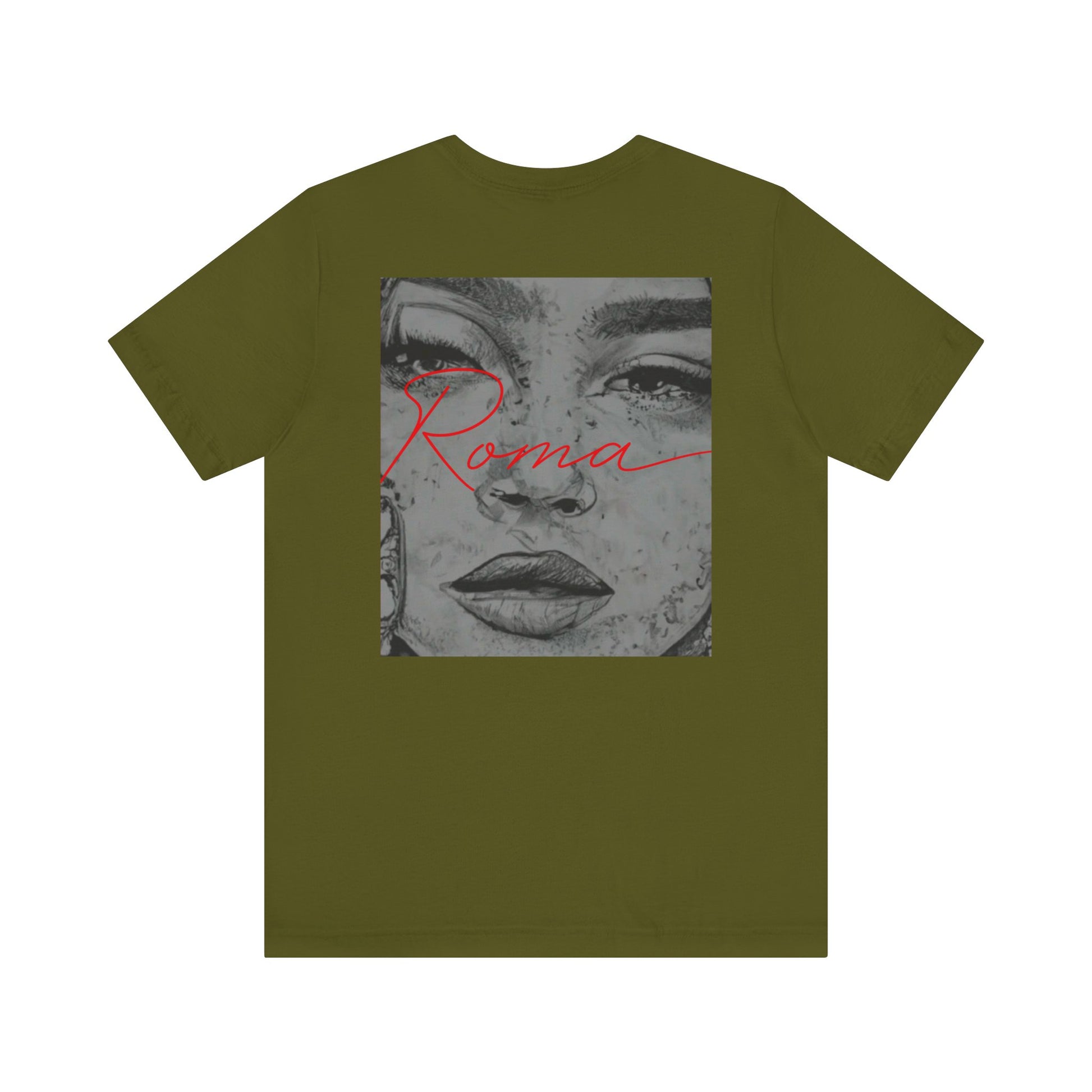 Detailed black t-shirt featuring the Roma statue, layered with bold ‘ATTENTION’ text behind and ‘Roma’ text placed underneath.