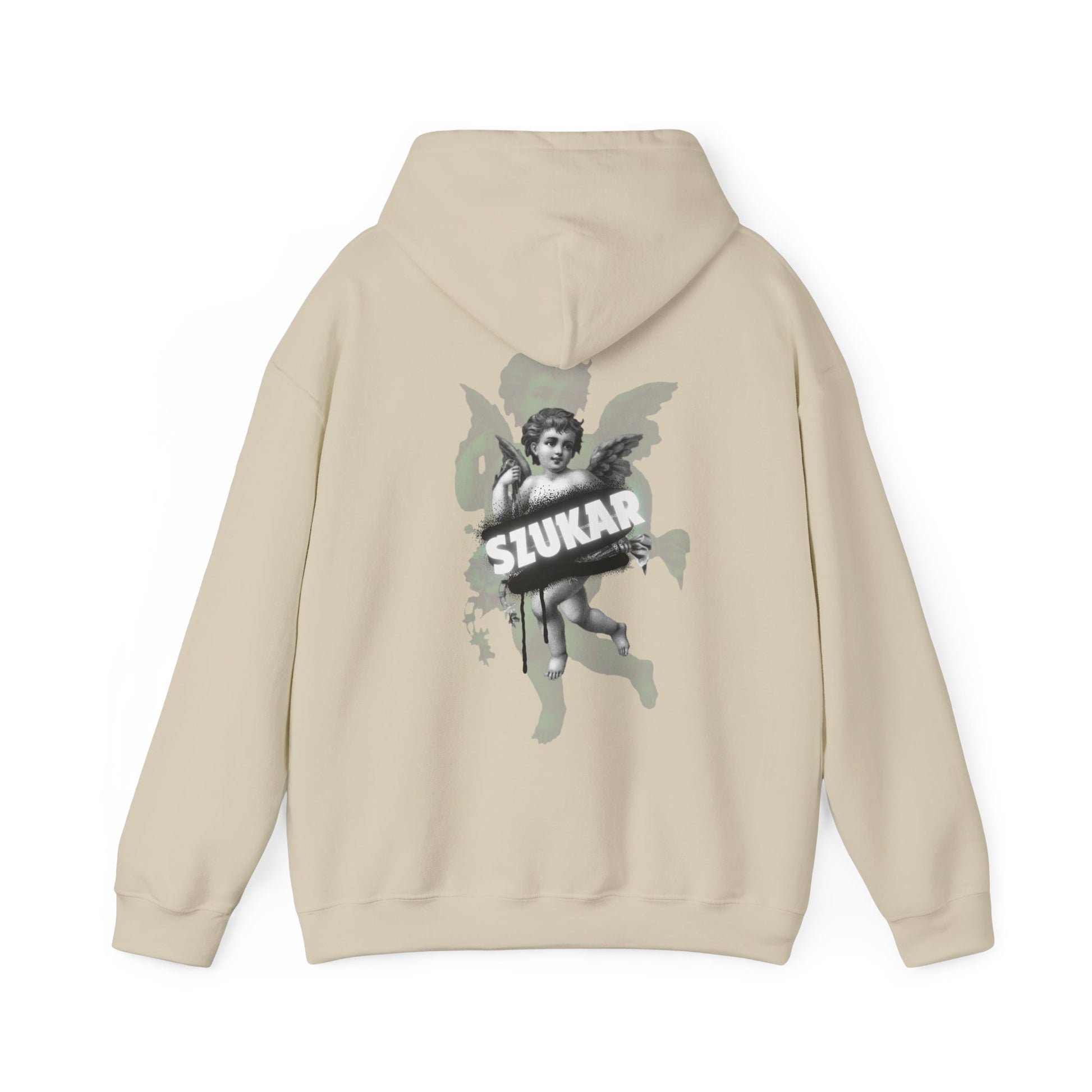 Relaxed-fit hoodie with heavenly angel drawing and statement SZUKAR wordmark.