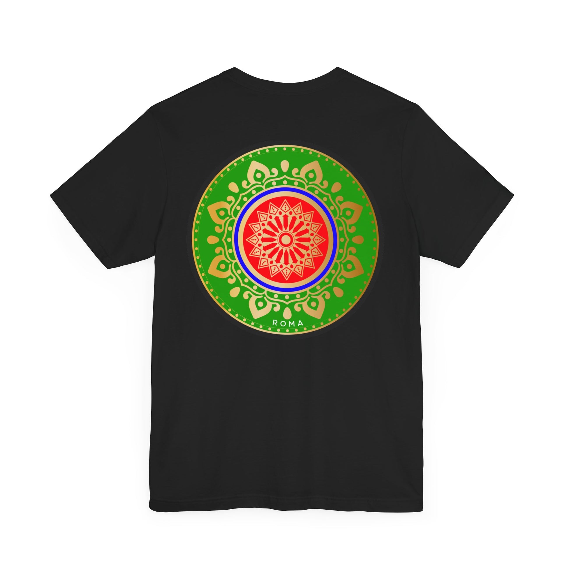 Short-sleeve t-shirt with green and gold circular Roma-inspired graphic at the center.
