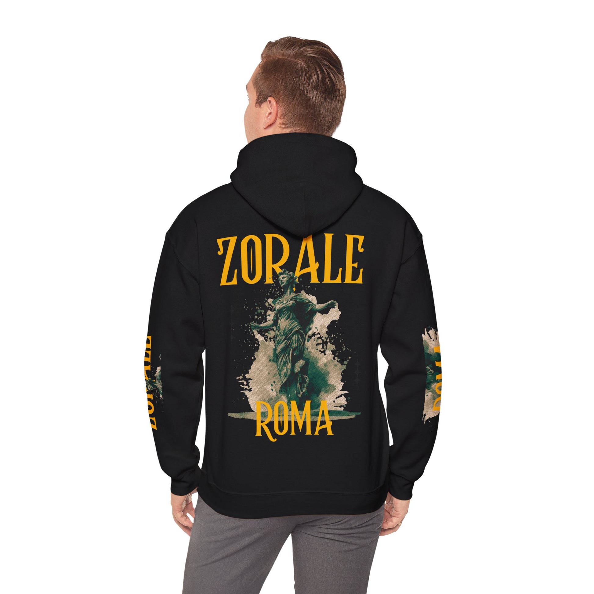 Person wearing a black hoodie with 'Zorale Roma' text and graphics on the back.