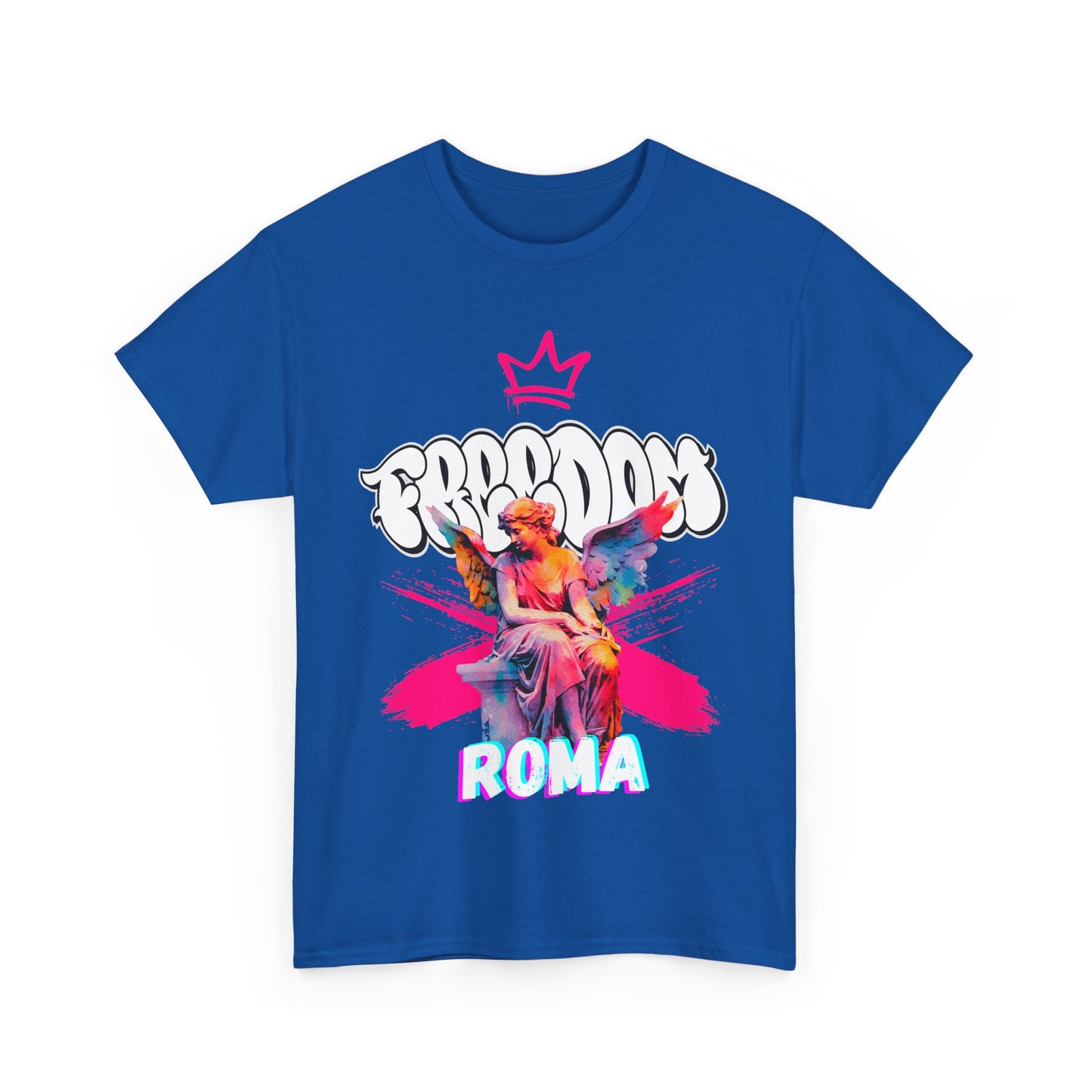 Ethereal fairy with soft glowing wings in a pastel gown, floating in a dreamy setting with the word ‘ROMA’ elegantly written in stardust-style font COLOR BLUE Tshirts