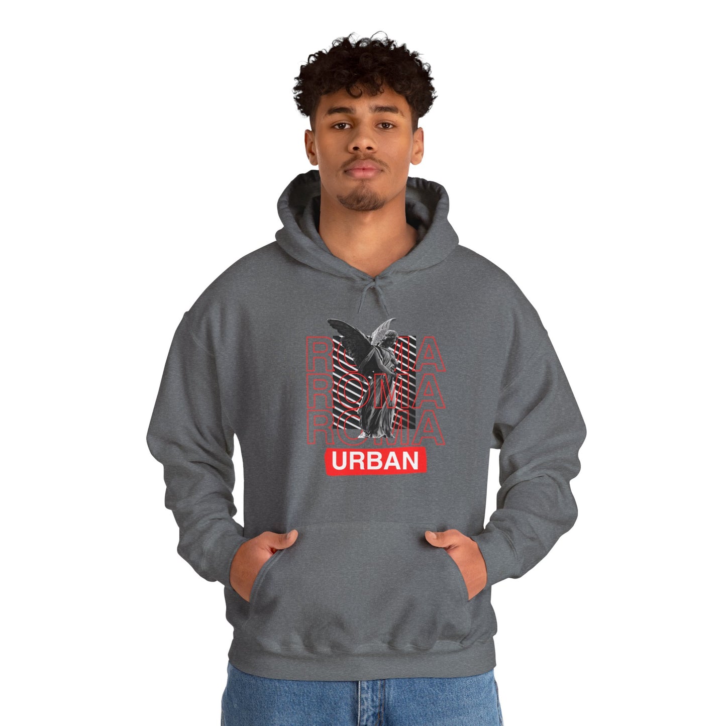 Black hoodie with cultural statue motif over ROMA letters, finished with a clean “URBAN” line.
