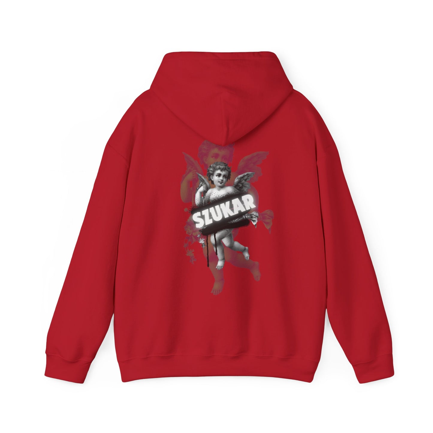 Casual hoodie featuring elegant angel artwork and ‘SZUKAR’ text across the chest.