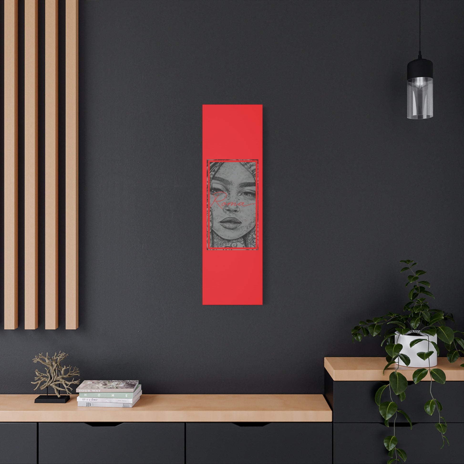 Intimate close-up canvas art of a girl on the verge of tears, with a vertical ROMA design as a statement.