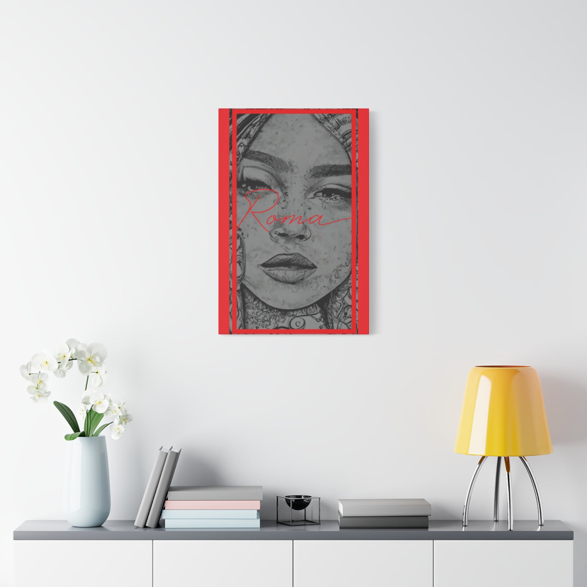 Close-up portrait on canvas of a girl with watery eyes, paired with minimalist ROMA typography.