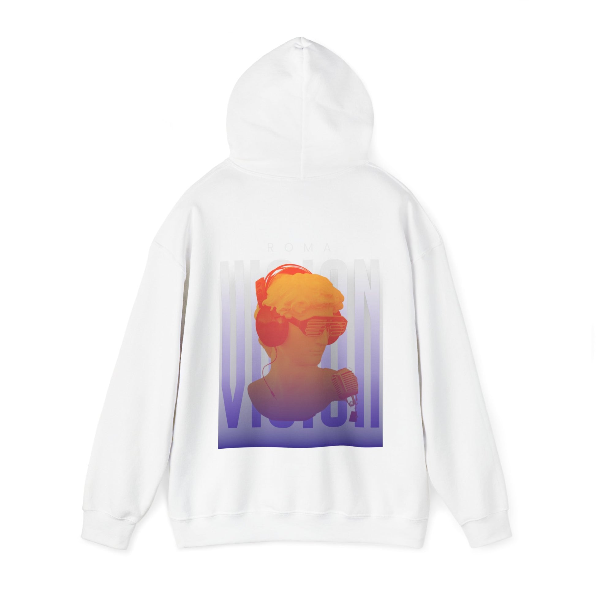 Casual hoodie with large ‘ROMA’ text, a girl’s portrait, and background text spelling ‘VISION.’