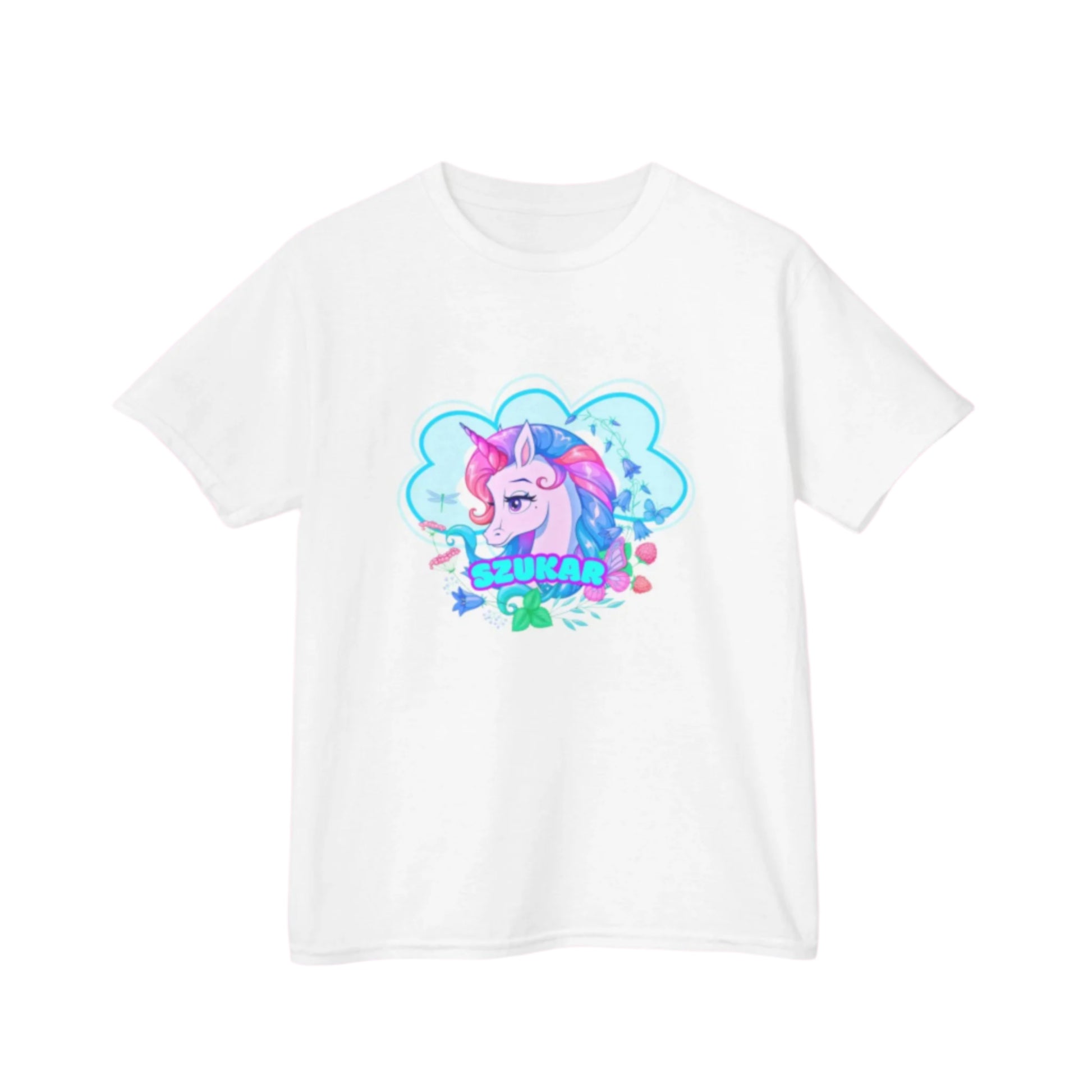 Vibrant unicorn design with sunglasses and headphones on a playful children's shirt.