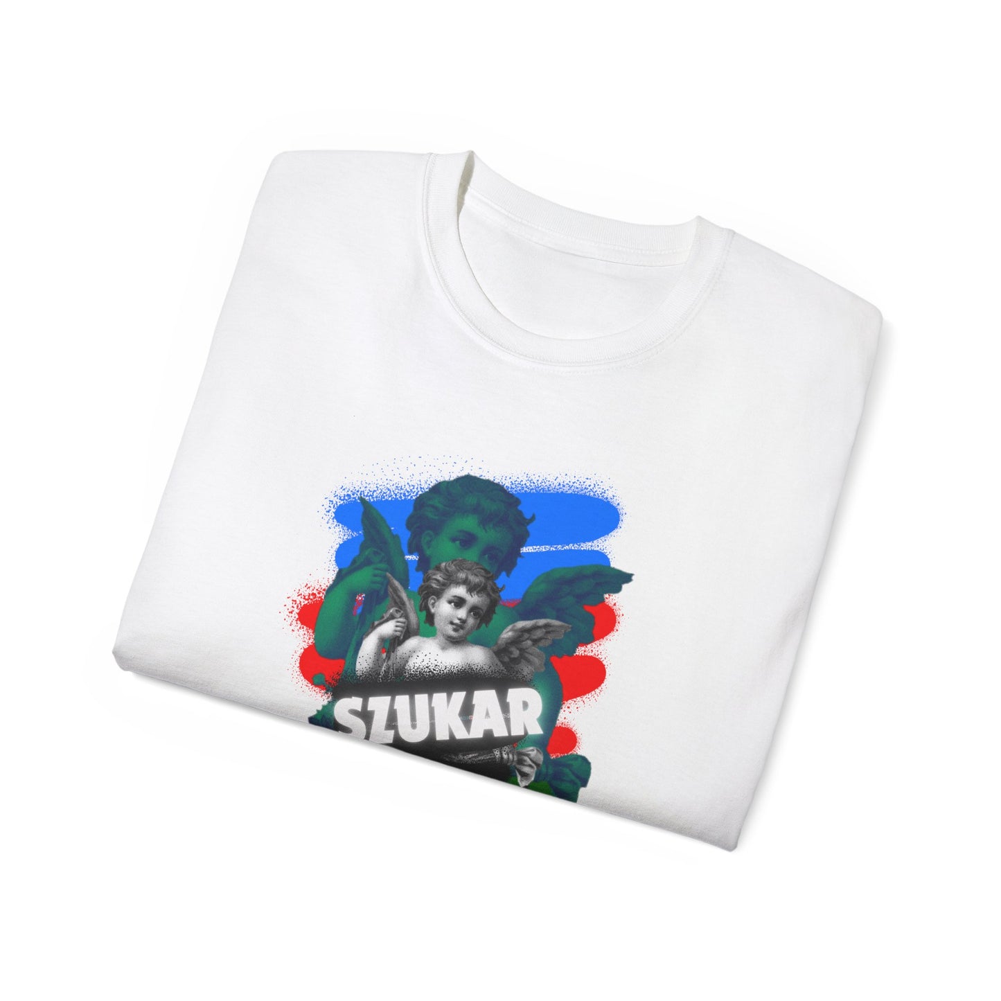 Graphic tee showcasing a detailed angel figure with outstretched wings, floating above the phrase 'SZUKAR ROMA' in elegant script.