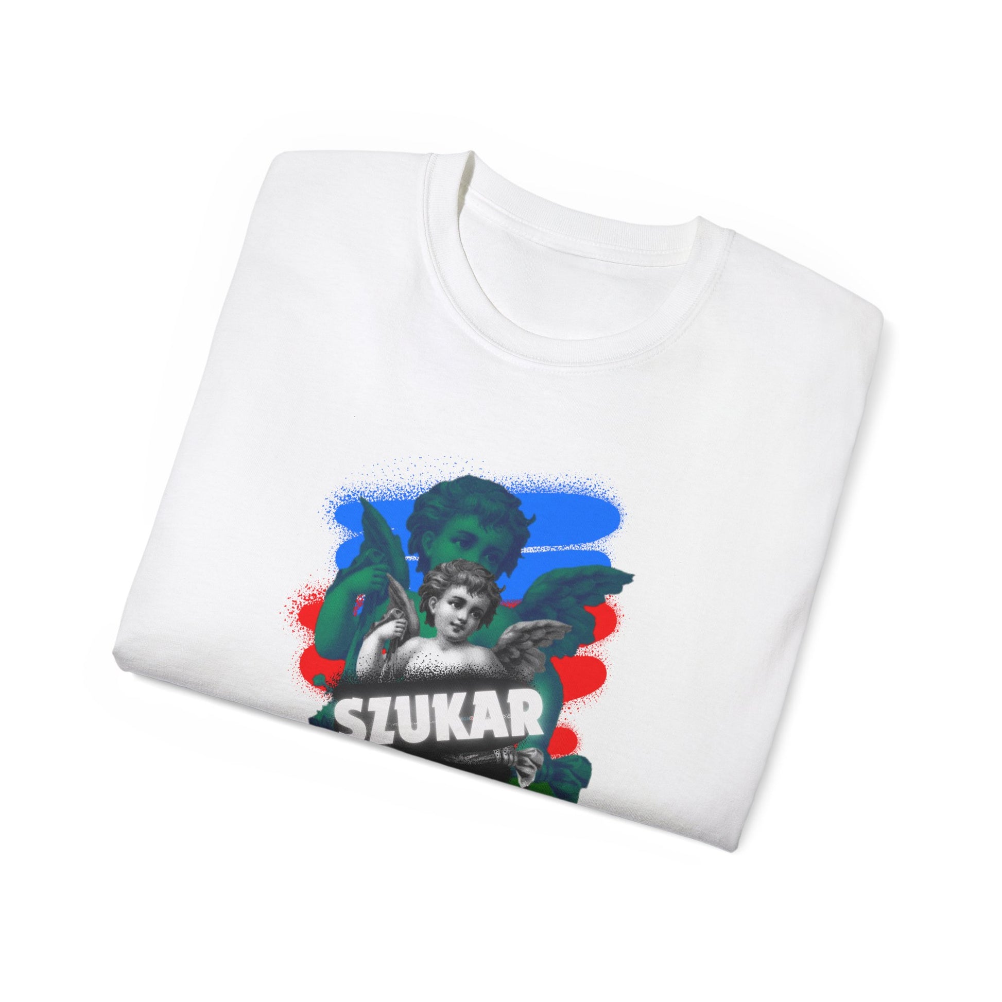 Graphic tee showcasing a detailed angel figure with outstretched wings, floating above the phrase 'SZUKAR ROMA' in elegant script.