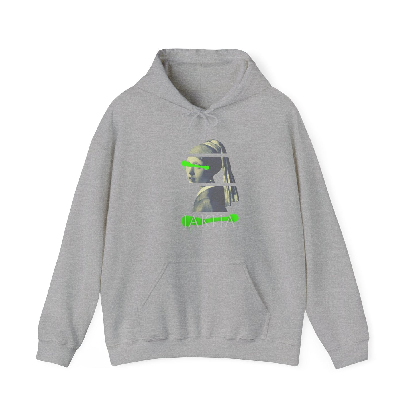 Gray hoodie with a graphic design on a white background