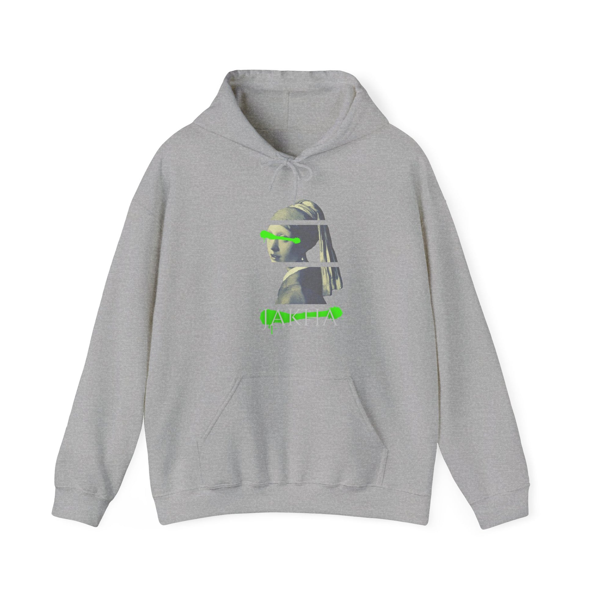 Gray hoodie with a graphic design on a white background
