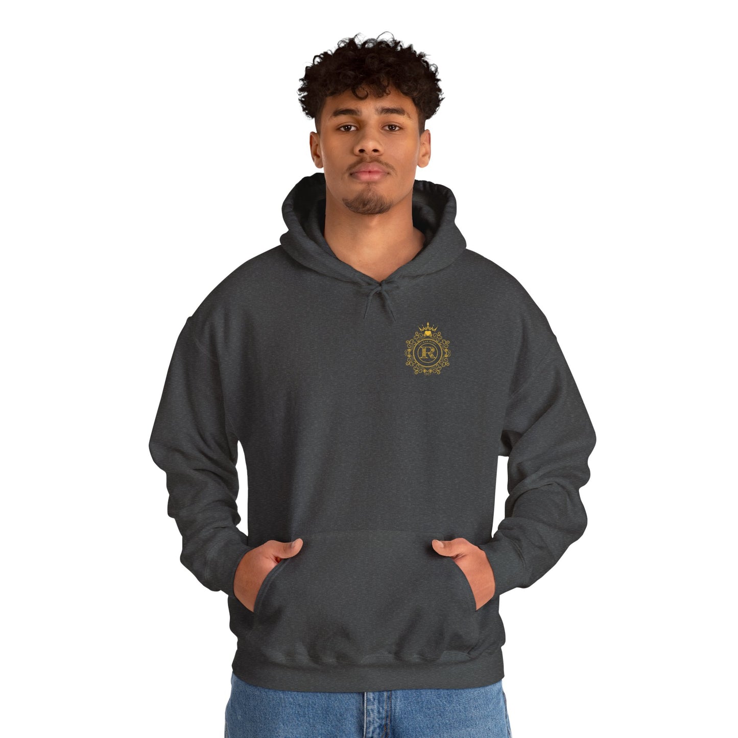 Modern hoodie with bold circular graphic featuring crown, letter R, and SZUKAR ROMA text.
