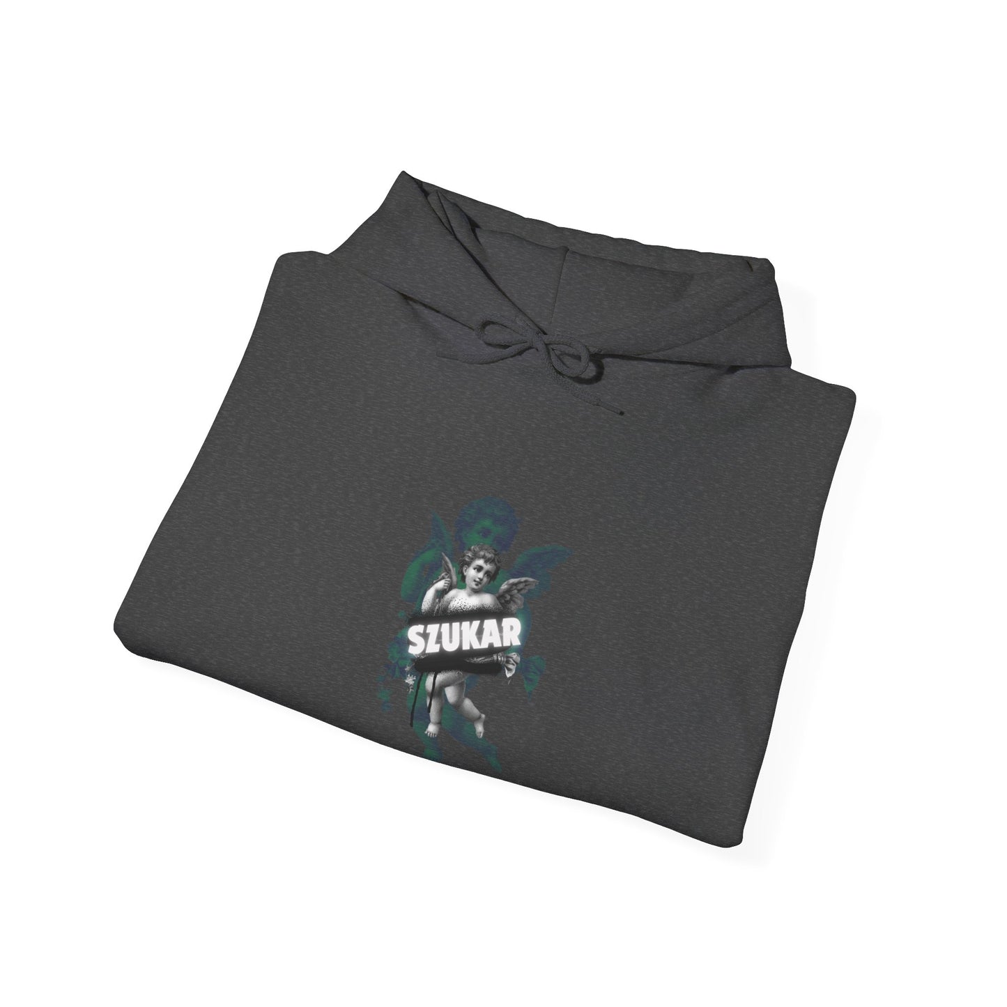Contemporary hoodie featuring a guardian angel design and modern ‘SZUKAR’ font.