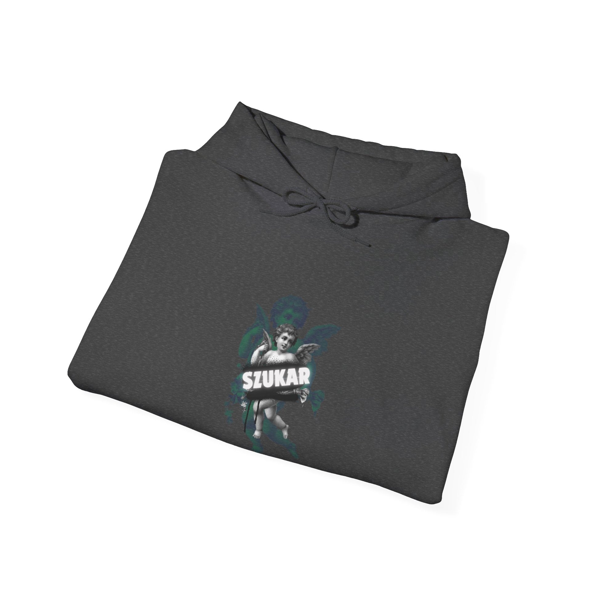 Contemporary hoodie featuring a guardian angel design and modern ‘SZUKAR’ font.